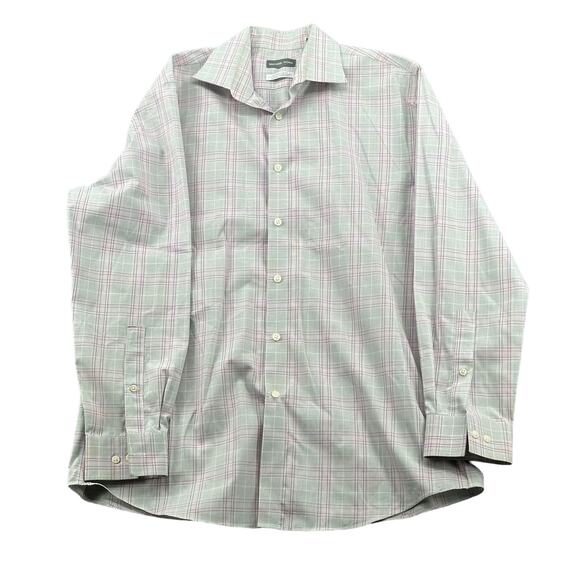 Michael Kors Shirt‎ Mens 16 32 33 Gray Pink Plaid Cotton Airsoft Stretch Preppy - Picture 1 of 10